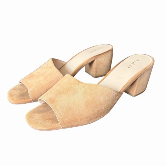 Aldo US 10 Sandals Open Toe Slip On Chunky Low Block Heel Nude Leather - Picture 1 of 10
